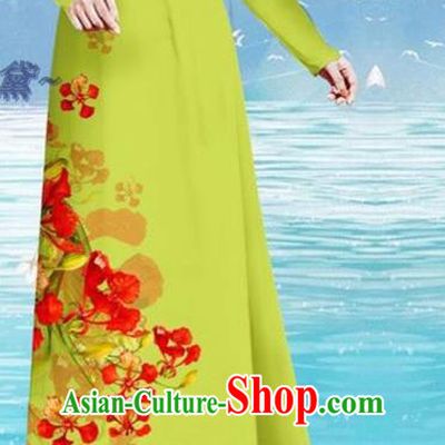 Light Green Asian Vietnamese Printing Cockscomb Pattern Cheongsam Custom Qipao and Pants Uniforms Vietnam Ao Dai Dress Traditional Female Costume