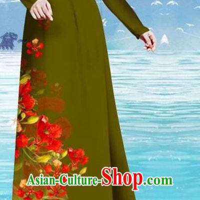 Army Green Asian Vietnamese Cheongsam Custom Qipao and Pants Uniforms Vietnam Women Ao Dai Dress Traditional Printing Cockscomb Pattern Costume