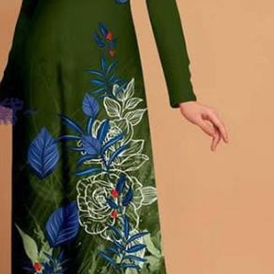 Vietnamese Custom Olive Green Uniforms Traditional Asian Vietnam Costume Printing Qipao with Pants Ao Dai Dress