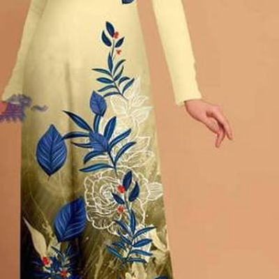 Traditional Asian Vietnam Printing Beige Qipao with Pants Ao Dai Dress Vietnamese Custom Uniforms Costume