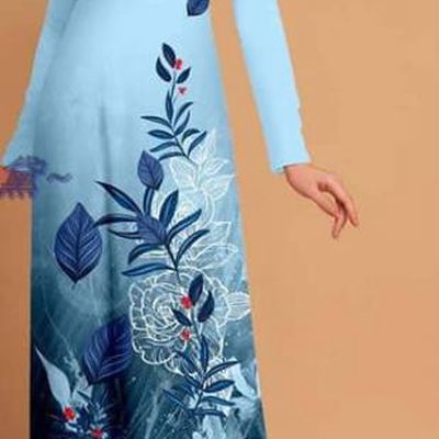 Custom Asian Vietnam Ao Dai Dress Vietnamese Uniforms Traditional Printing Light Blue Qipao with Pants Costume