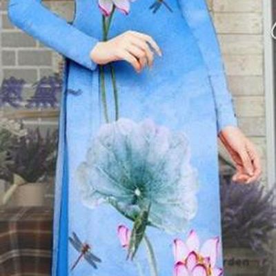Asian Vietnam Traditional Costume Printing Lotus Qipao Dress with Pants Custom Vietnamese Blue Ao Dai Uniforms