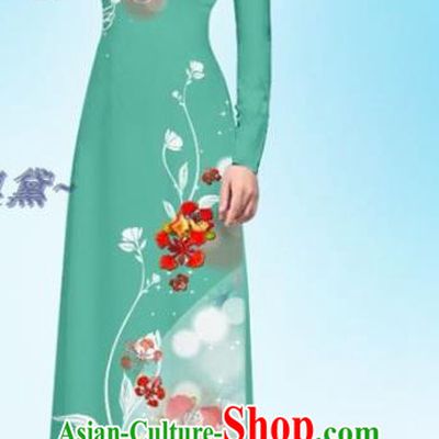 Traditional Vietnamese Woman Clothing Custom Green Uniforms Ao Dai Cheongsam and Pants Asian Vietnam Qipao Dress
