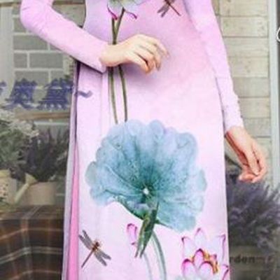 Custom Asian Vietnam Traditional Costume Printing Lotus Lilac Qipao Dress with Pants Vietnamese Ao Dai Uniforms