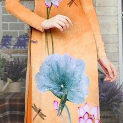 Custom Asian Vietnam Ao Dai Uniforms Vietnamese Traditional Costume Printing Lotus Orange Qipao Dress with Pants