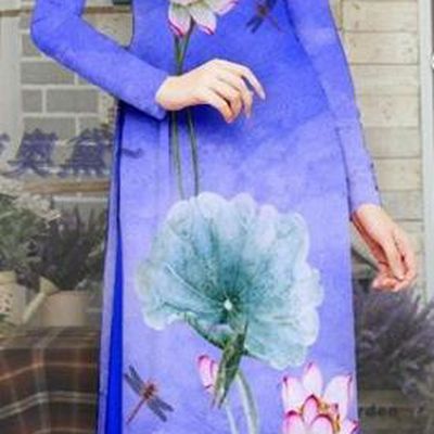 Custom Asian Vietnam Printing Lotus Royalblue Ao Dai Uniforms Vietnamese Traditional Qipao Dress with Pants Costume