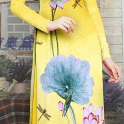 Custom Asian Vietnam Costume Vietnamese Traditional Qipao Dress with Pants Printing Lotus Yellow Ao Dai Uniforms