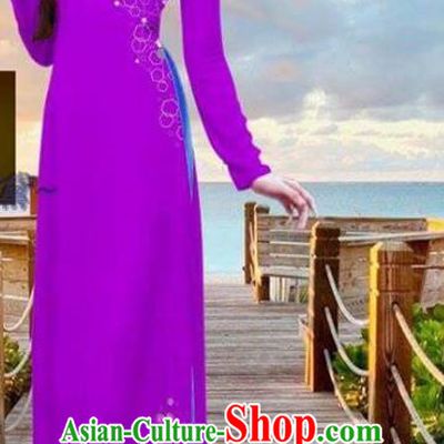 Vietnamese Traditional Bride Cheongsam with Pants Uniforms Custom Ao Dai Costume Asian Vietnam Peach Blossom Pattern Design Purple Dress