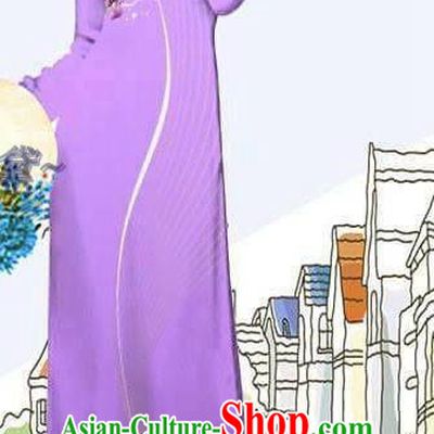 Asian Vietnam Cheongsam Traditional Bride Lilac Long Dress with Pants Custom Printing Lily Flowers Ao Dai Costume Vietnamese Uniforms