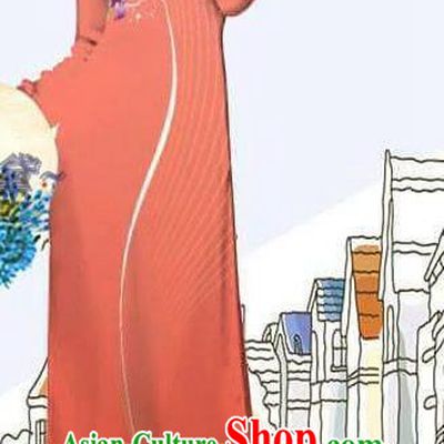 Custom Asian Vietnam Traditional Bride Long Dress with Pants Printing Lily Flowers Ao Dai Costume Vietnamese Jacinth Cheongsam Uniforms