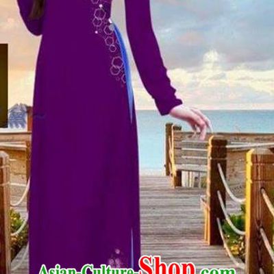 Vietnamese Custom Ao Dai Costume Asian Vietnam Peach Blossom Pattern Design Deep Purple Dress Traditional Bride Cheongsam with Pants Uniforms