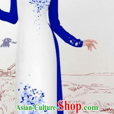 Custom Asian Vietnam Ao Dai Costume Royalblue Uniforms Traditional Bride Long Dress with Pants Vietnamese Cheongsam