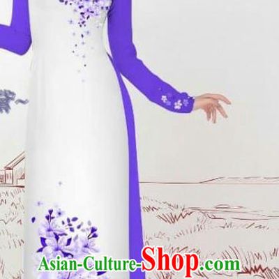 Vietnamese Lilac Cheongsam Custom Asian Vietnam Ao Dai Costume Traditional Bride Uniforms Long Dress with Pants
