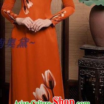 Custom Vietnamese Orange Cheongsam Asian Vietnam Ao Dai Costume Traditional Bride Long Dress with Pants  Uniforms