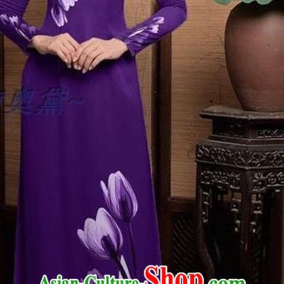Asian Vietnam Ao Dai Costume Traditional Bride Long Dress with Pants Uniforms Custom Vietnamese Purple Cheongsam