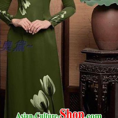 Vietnamese Custom Army Green Cheongsam Traditional Bride Long Dress with Pants Uniforms Asian Vietnam Women Ao Dai Costume