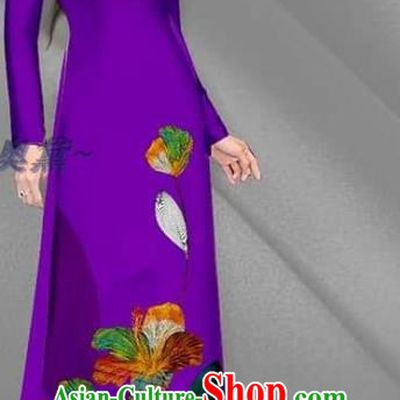 Deep Purple Vietnamese Uniforms Asian Custom Vietnam Women Ao Dai Costume Traditional Cheongsam Bride Long Dress with Pants