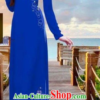 Vietnamese Traditional Bride Royalblue Long Dress with Pants Custom Ao Dai Costume Asian Vietnam Cheongsam Uniforms