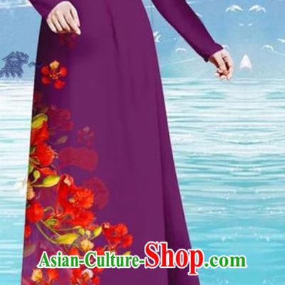Asian Vietnamese Custom Purple Cheongsam and Pants Uniforms Printing Cockscomb Pattern Qipao Dress Traditional Vietnam Women Ao Dai Clothing