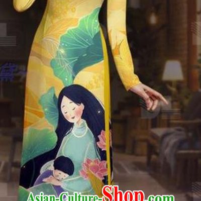Asian Vietnamese Costume Traditional Vietnam Dress Ao Dai Clothing Custom Printing Uniforms Yellow Tunic with Pants