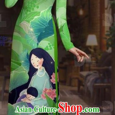 Traditional Vietnam Custom Printing Tunic with Pants Uniforms Asian Vietnamese Costume Green Dress Ao Dai Clothing