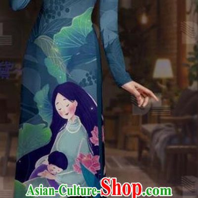 Vietnam Custom Uniforms Asian Traditional Vietnamese Costume Navy Dress Ao Dai Clothing Printing Tunic with Pants