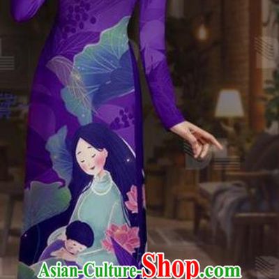 Vietnam Custom Purple Uniforms Asian Traditional Vietnamese Costume Ao Dai Clothing Printing Tunic Dress with Pants