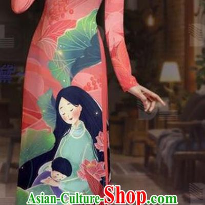 Asian Vietnam Custom Pink Uniforms Traditional Vietnamese Costume Women Tunic Dress with Pants Printing Ao Dai Clothing