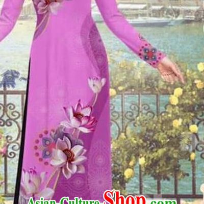 Asian Vietnam Bride Uniforms Traditional Vietnamese Costume Women Dress with Pants Printing Lotus Purple Ao Dai Clothing
