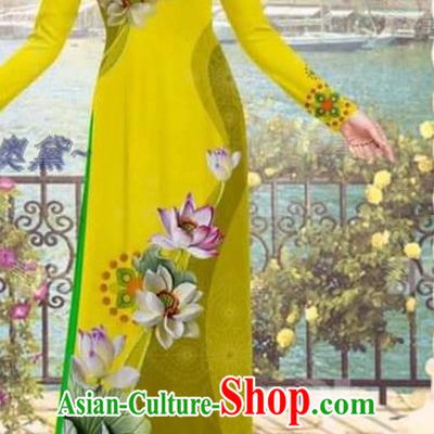 Vietnam Women Printing Lotus Yellow Dress with Pants Uniforms Asian Ao Dai Clothing Traditional Vietnamese Bride Costume