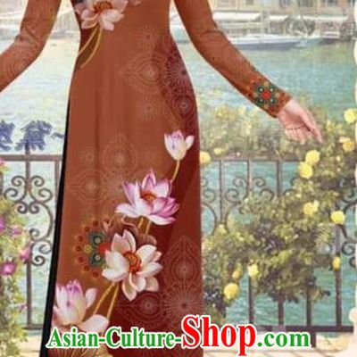 Asian Ao Dai Clothing Traditional Vietnamese Bride Costume Vietnam Women Printing Lotus Brown Dress with Pants Uniforms