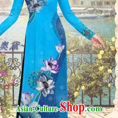 Asian Printing Lotus Blue Ao Dai Clothing Vietnam Women Dress with Pants Uniforms Traditional Vietnamese Bride Costume