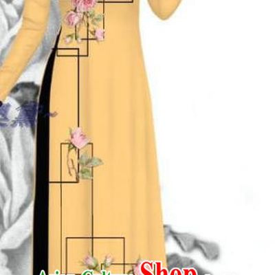Asian Vietnam Women Printing Rose Ginger Dress with Pants Uniforms Ao Dai Clothing Traditional Vietnamese Bride Costume