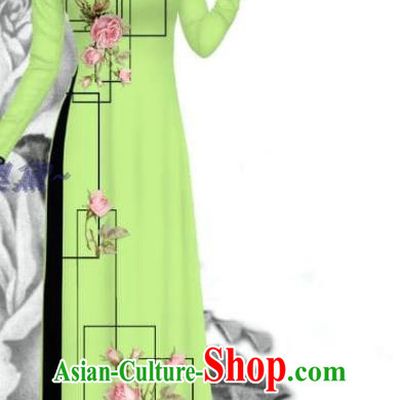 Asian Vietnamese Green Ao Dai Clothing Traditional Vietnam Women Printing Rose Dress with Pants Uniforms Bride Costume
