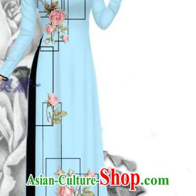 Traditional Vietnam Women Uniforms Asian Vietnamese Ao Dai Clothing Printing Rose Dress with Pants Bride Light Blue Costume