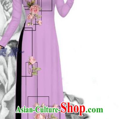 Traditional Vietnam Printing Rose Violet Dress with Pants Women Uniforms Bride Costume Asian Vietnamese Ao Dai Clothing