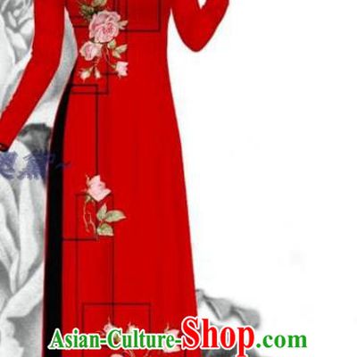 Traditional Vietnam Red Dress with Pants Bride Costume Asian Vietnamese Printing Rose Ao Dai Clothing Women Uniforms