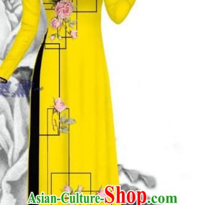Traditional Vietnam Women Uniforms Yellow Dress with Pants Bride Costume Asian Vietnamese Custom Printing Rose Ao Dai Clothing