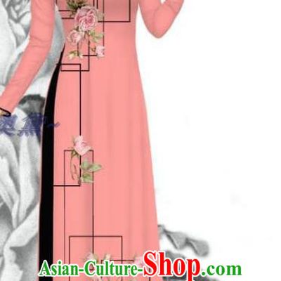 Asian Vietnamese Custom Ao Dai Clothing Traditional Vietnam Women Uniforms Bride Costume Printing Rose Peach Pink Dress with Pants