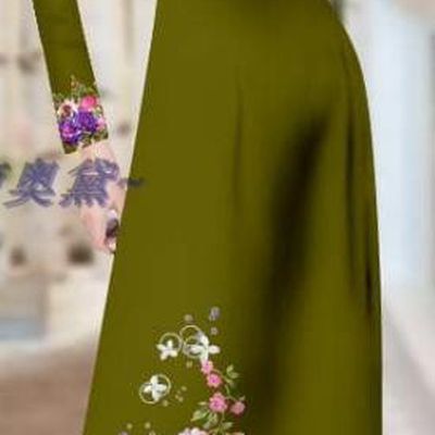 Asian Vietnamese Printing Olive Green Cheongsam with Pants Vietnam Ao Dai Dress Costume Traditional Custom Uniforms