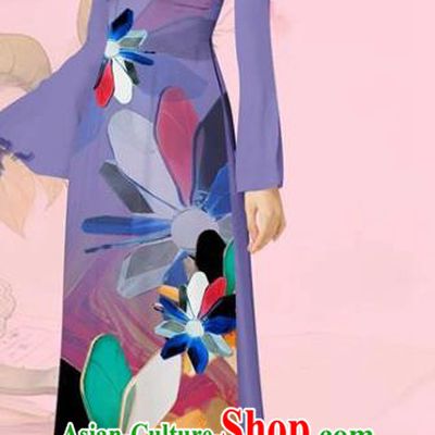 Vietnam Traditional Costume Asian Vietnamese Women Ao Dai Uniforms Long Dress with Pants Custom Violet Cheongsam