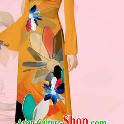Traditional Vietnamese Ao Dai Custom Uniforms Asian Vietnam Costume Cheongsam with Pants Women Orange Long Dress