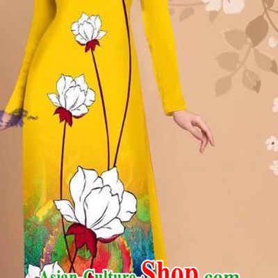 Vietnam Yellow Ao Dai Dress Uniforms Asian Traditional Custom Cheongsam with Loose Pants Vietnamese National Clothing