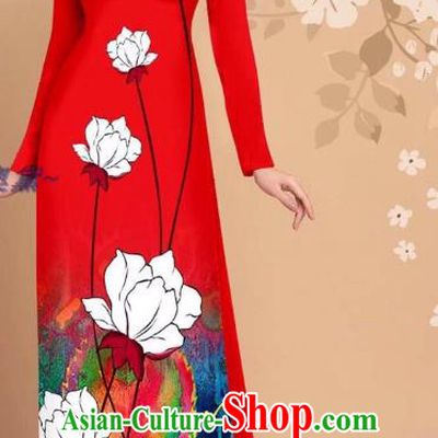Vietnam Ao Dai Dress Uniforms Custom Asian Vietnamese National Clothing Traditional Red Cheongsam with Loose Pants Fashion Apparel