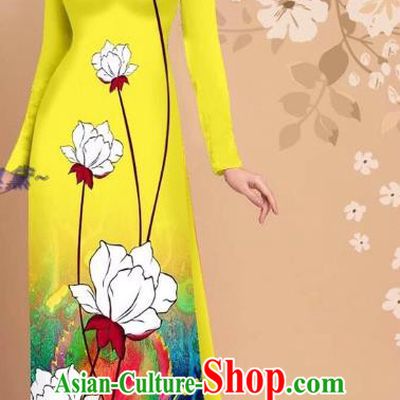 Vietnam Bright Yellow Ao Dai Dress Uniforms Custom Asian Vietnamese Fashion Apparel Traditional Cheongsam with Loose Pants National Clothing