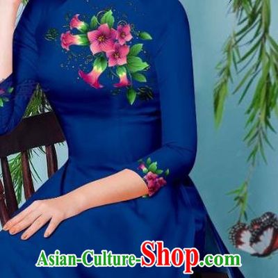 Navy Long Dress Asian Vietnam Cheongsam with Loose Pants Traditional Vietnamese Beauty Fashion Ao Dai Clothing