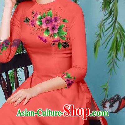 Asian Vietnam Jacinth Long Dress Traditional Vietnamese Beauty Fashion Ao Dai Clothing Cheongsam with Loose Pants