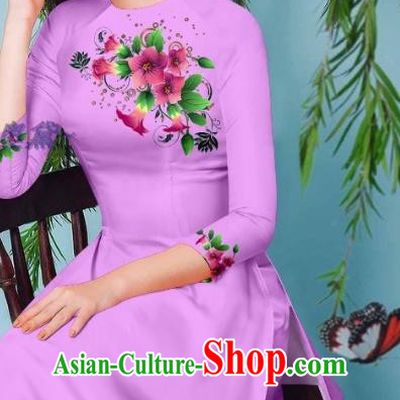 Asian Vietnam Ao Dai Clothing Long Dress Traditional Vietnamese Beauty Fashion Violet Cheongsam with Loose Pants