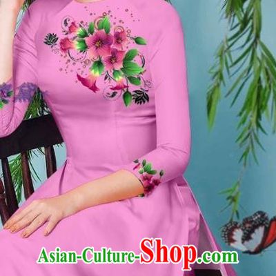 Pink Cheongsam with Loose Pants Outfits Asian Vietnam Ao Dai Clothing Long Dress Traditional Vietnamese Beauty Fashion