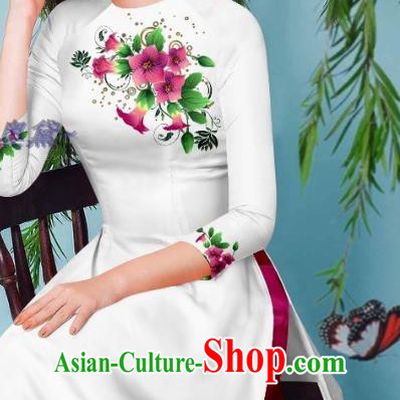 Traditional Vietnamese Beauty Fashion Asian Vietnam Ao Dai Clothing White Long Dress Cheongsam with Loose Pants Outfits